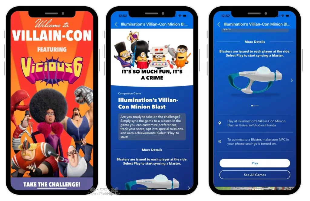 Minionland Universal Studios Minion Blast App Game showing three different screens of the app. 