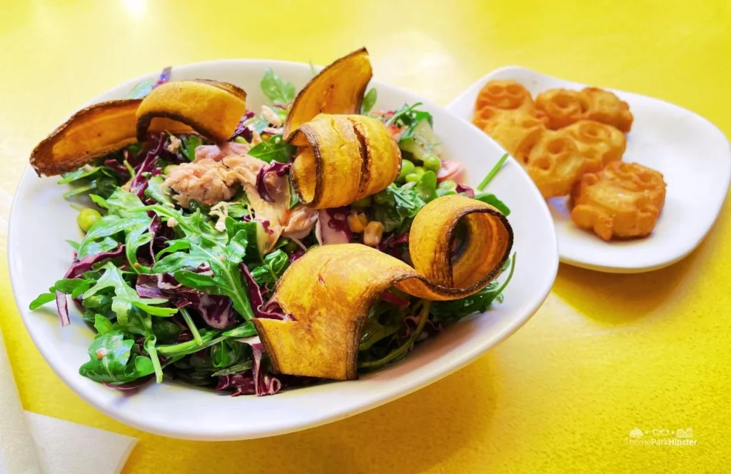 Universal Studios Florida Minion Land Minions Cafe Kevin's Chopa Chopa Salad with purple cabbage arugula tomatoes cucumber edamame chicken and green banana chips with tater tots