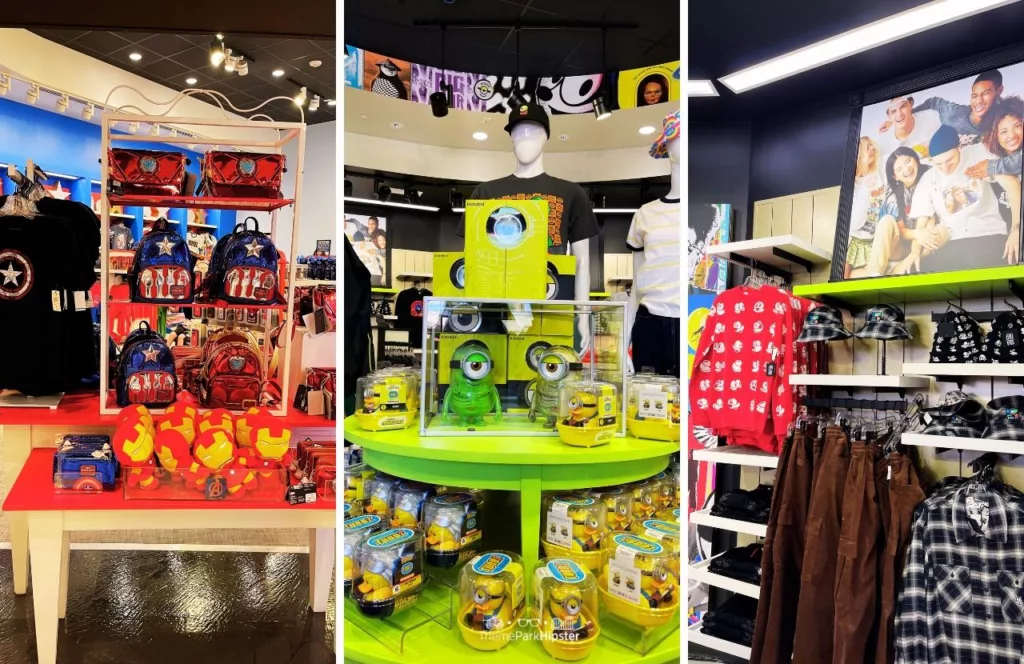 Universal Studios Florida UNIVRS Merchandise Store with big displays of Captain America and Minion themed merchandise. Keep reading if you want to learn more about what to wear to Universal Studios Florida.