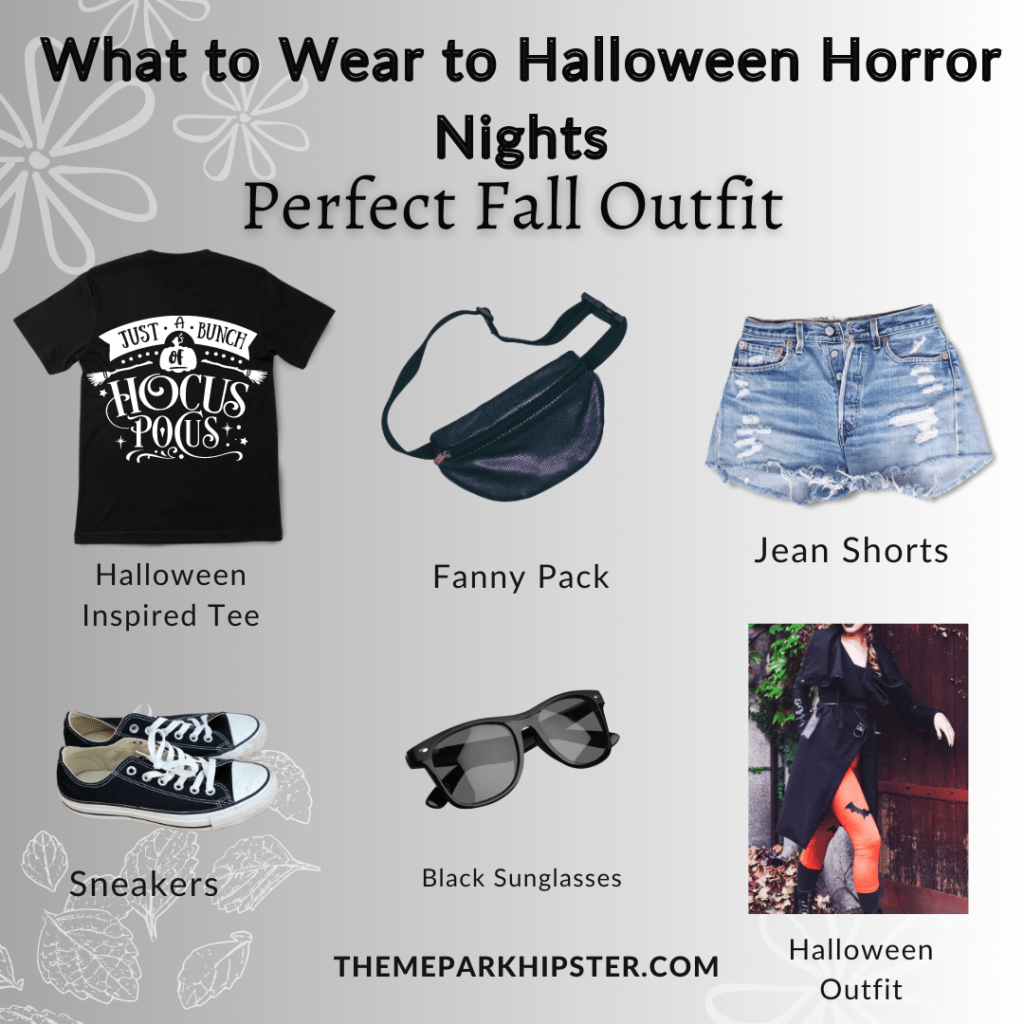 What to wear to Halloween Horror Nights outfit ideas for women showing black t-Shirt, fanny pack, jean shorts, sneakers, sunglasses, and Halloween outfit. Keep reading to find out what to wear to Halloween Horror Nights.