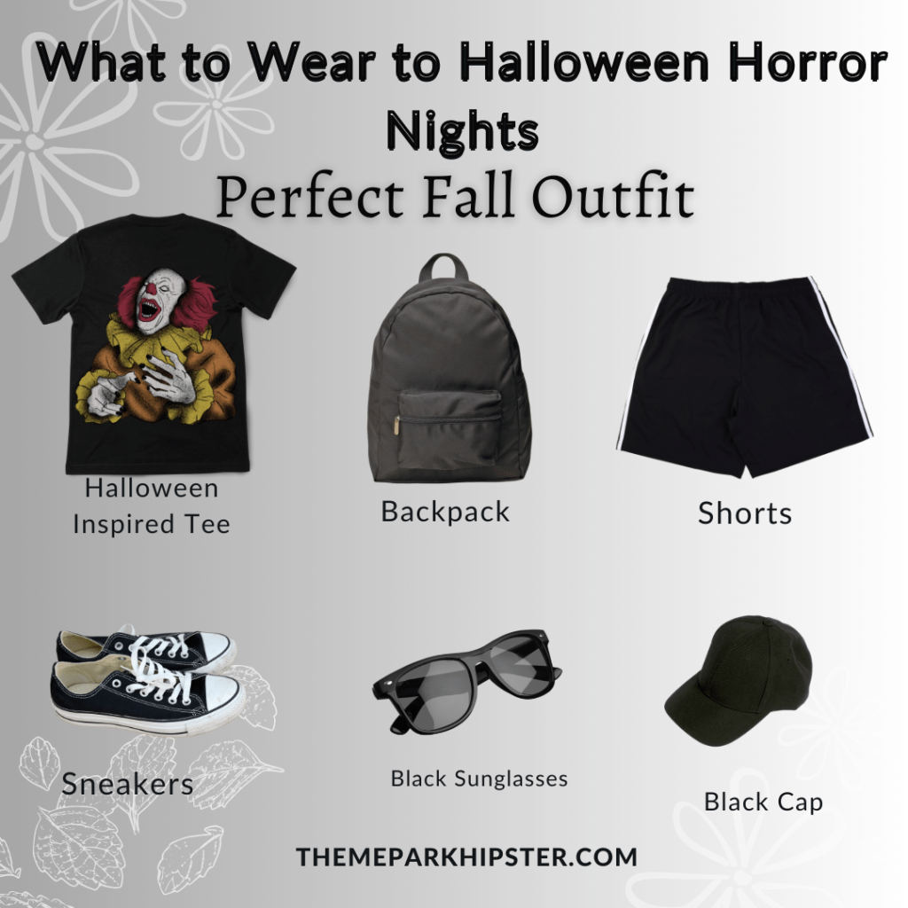 What to wear to Halloween Horror Nights outfit ideas for men with IT Clown shirt, backpack, shorts, sneakers, sunglasses, and black cap. Keep reading to see what to wear to Halloween Horror Nights.