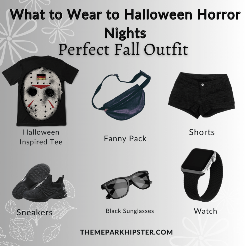 What to wear to Halloween Horror Nights outfit suggestions for women of Jason t-shirt, fanny pack, shorts, sneakers, sunglasses, and watch. Keep reading to learn what to wear to Halloween Horror Nights.