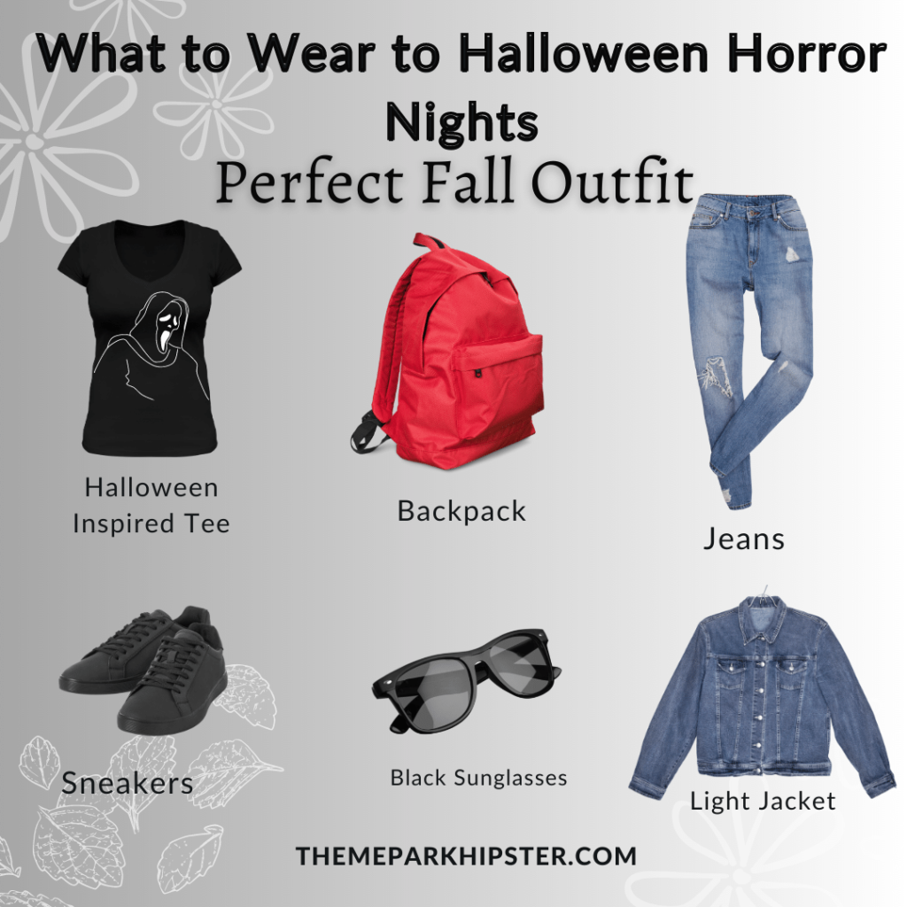 What to wear to Halloween Horror Nights ideas for women showcasing Scream black t-shirt with Red backpack, jean pants and jacket, black sneakers and sunglasses. Keep reading to discover what to wear to Halloween Horror Nights.