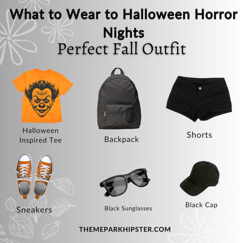What to wear to Halloween Horror Nights outfit for women inspiration photo with orange t-shirt, black backpack, shorts, sneakers, sunglasses, and black cap. Keep reading to discover what to wear to Halloween Horror Nights.