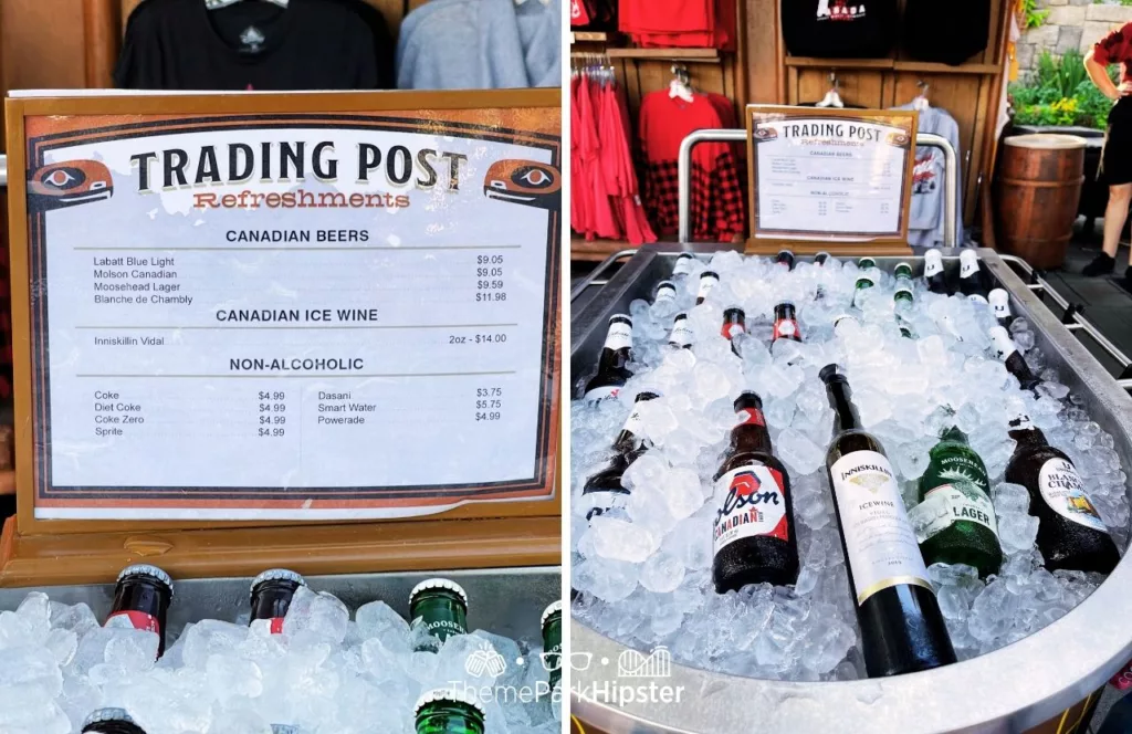 2024 Epcot Food and Wine Festival at Disney Canada Pavilion Trading Post Refreshments Menu with Ice Wine and Labalt Blue Light Beer