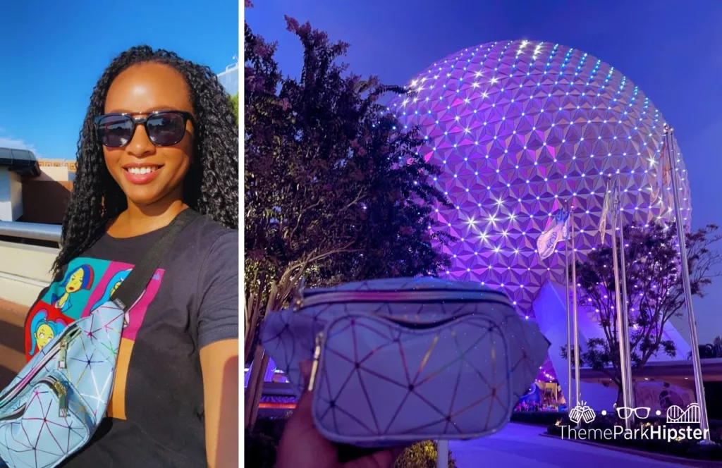 2023 Epcot Food and Wine Festival at Disney Fanny Pack with NikkyJ and Spaceship Earth. Keep reading to learn the difference between alone vs lonely and how to have the perfect solo Disney World trip.