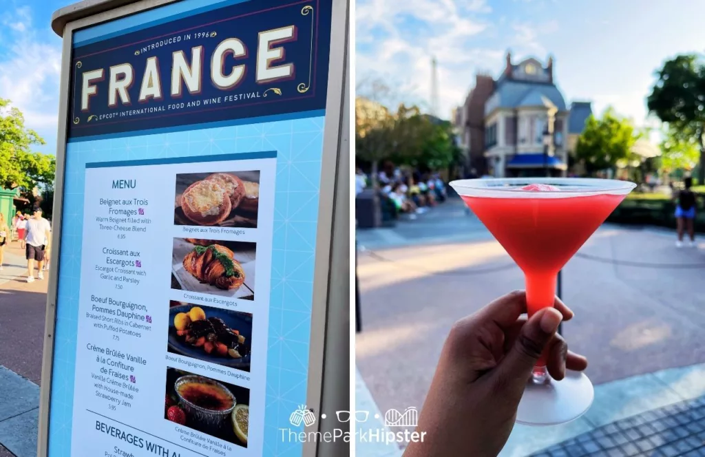 2023 Epcot Food and Wine Festival at Disney France booth showing the menu and a big glass of a Frozen Strawberry Martini. Keep reading to find out the 25 most romantic things to do at Disney World.