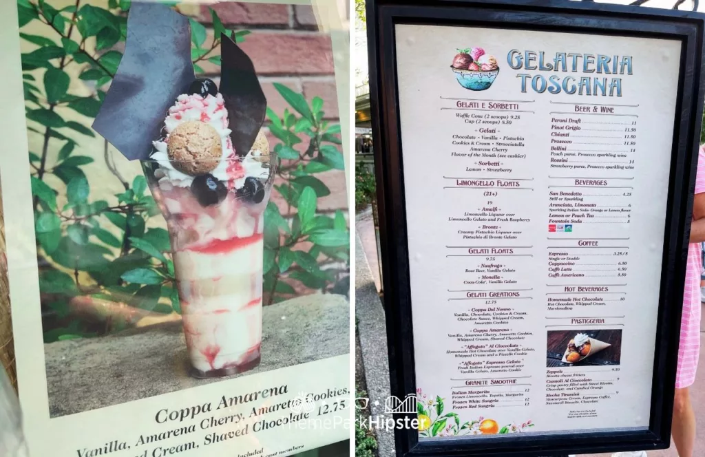 2023 Epcot Food and Wine Festival at Disney Italy Pavilion Gelateria Toscana Menu Coppa Amarena. One of the best snacks at EPCOT.