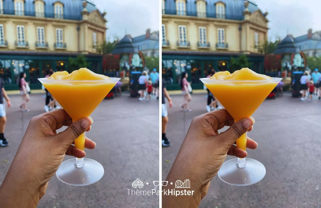 Epcot Food and Wine Festival at Disney Les Vins des Chefs de France at France Pavilion Grand Marnier Orange Slush. Full guide to the Epcot Bar Crawl Drinking Around the World.