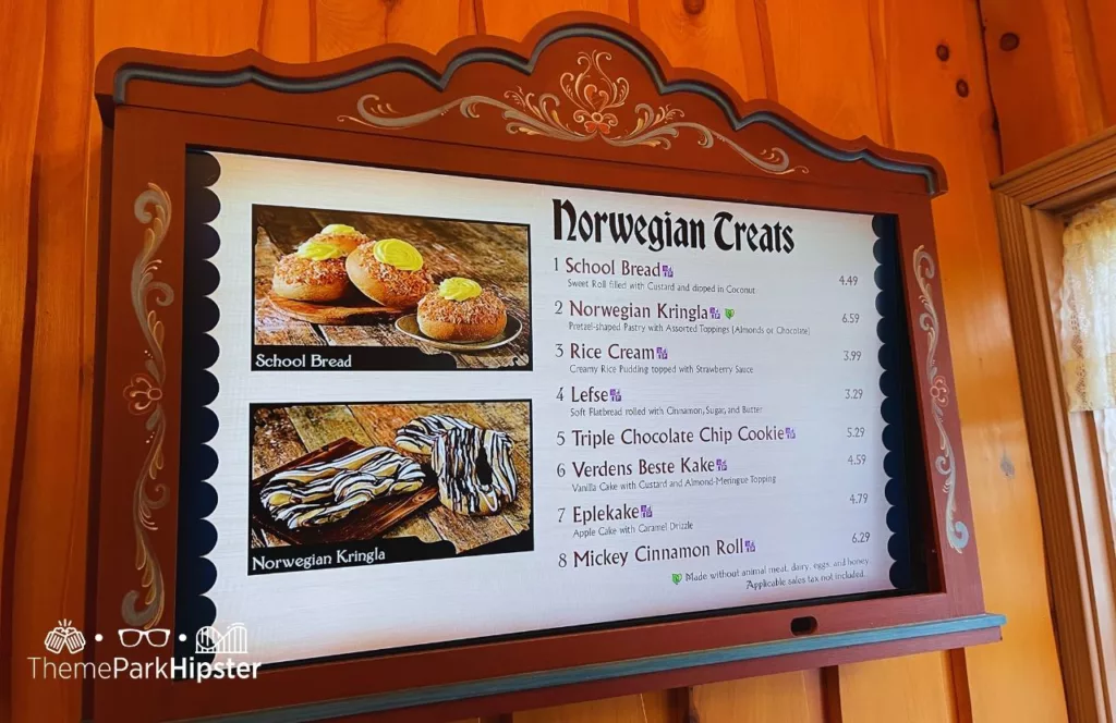 2023 Epcot Food and Wine Festival at Disney Norway Pavilion Kringla Bakeri og Kafe Menu with School Bread. One of the best snacks at EPCOT.