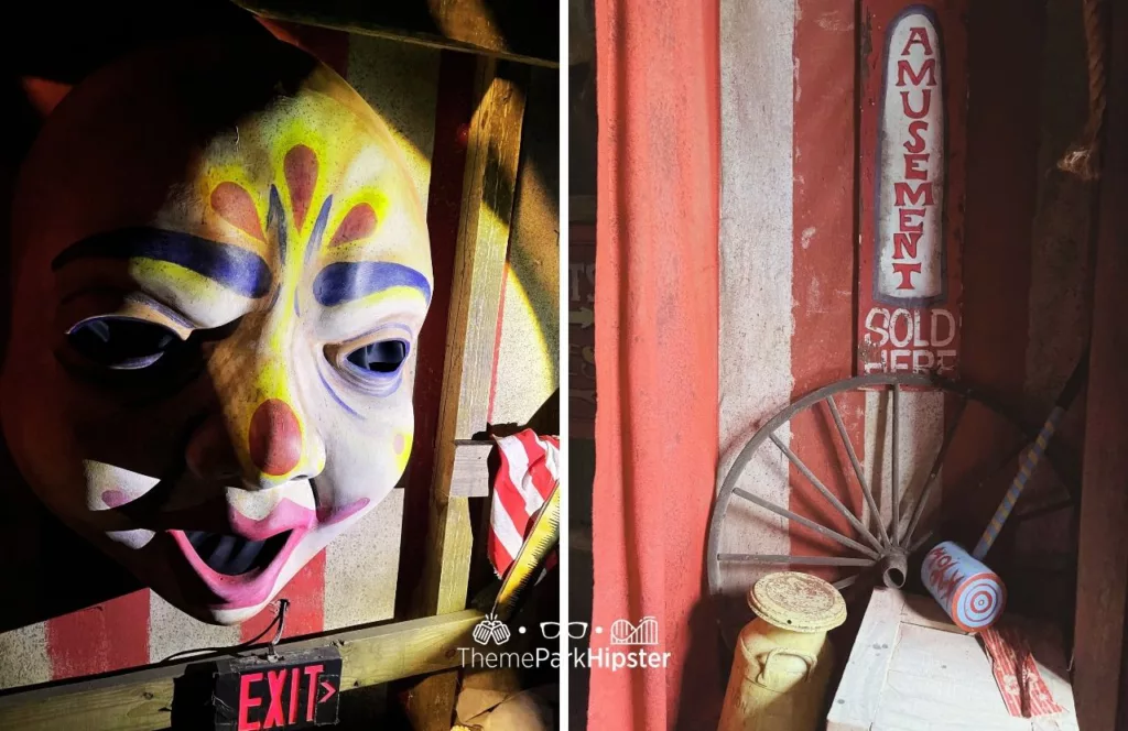 Dr. Oddfellow's Circus Oddities House with oversized haunted clown face hanging on the wall at the 2023 Halloween Horror Nights HHN 32 Universal Studios Florida. Keep reading to find out more about Halloween Horror Nights Stay and Scream.