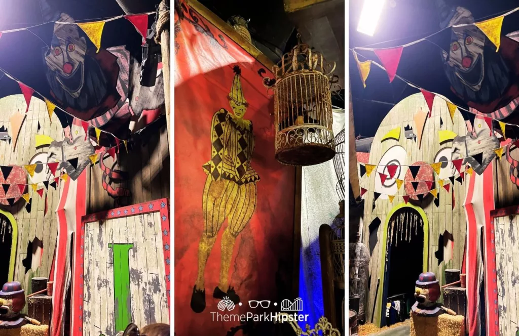 2023 Halloween Horror Nights Unmasking the Horror Tour Lights on at HHN 32 Universal Studios Florida Dr. Oddfellow's Circus Oddities House Jack the Clown Reference