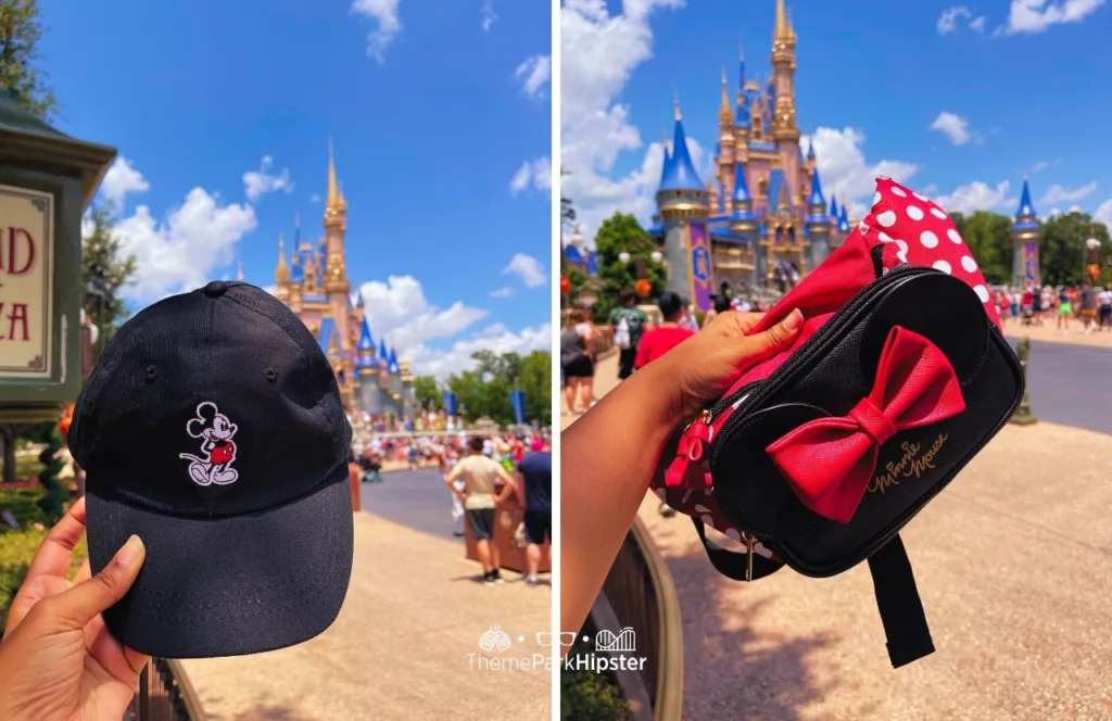 Disney Cinderella Castle and Mickey Mouse Hat and Minnie Mouse Fanny Pack at Magic Kingdom Theme Park