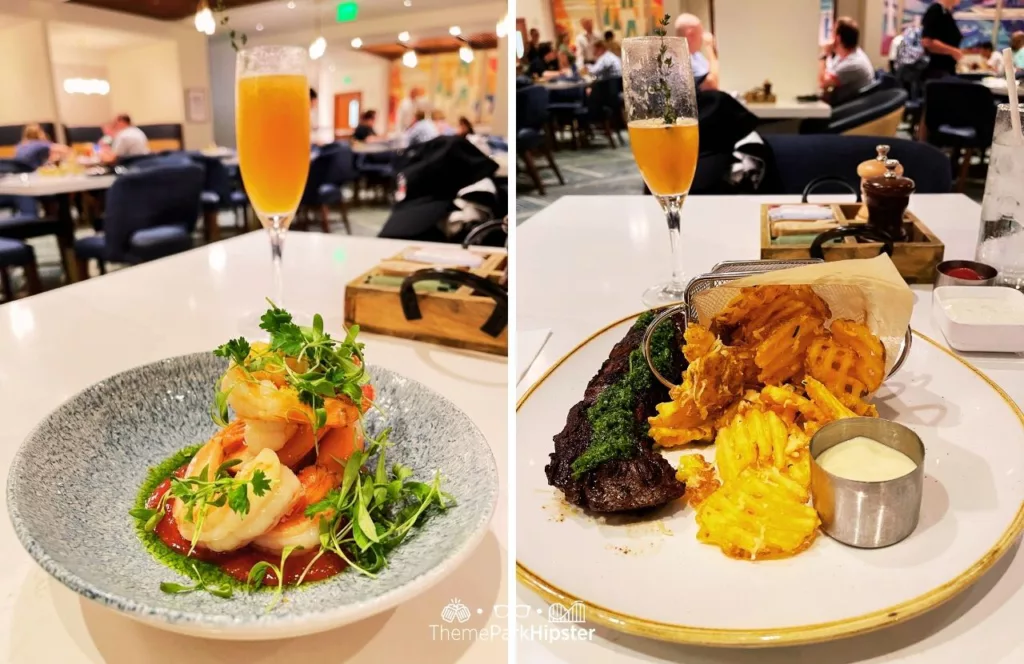 Disney Contemporary Resort Hotel Steakhouse 71 Shrimp Cocktail with Mimosa Steak Frites on Thanksgiving Day Dinner at Disney World 2023.