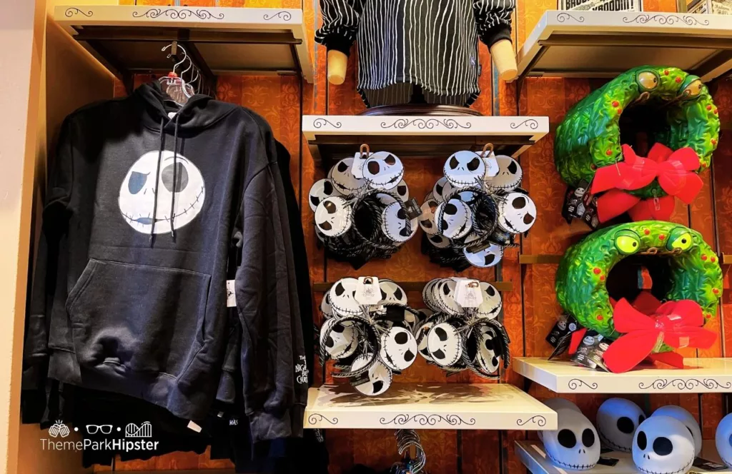 Disney Holiday Merchandise at Magic Kingdom Theme Park Nightmare Before Christmas Sweater and Wreath with Jack Skellington.