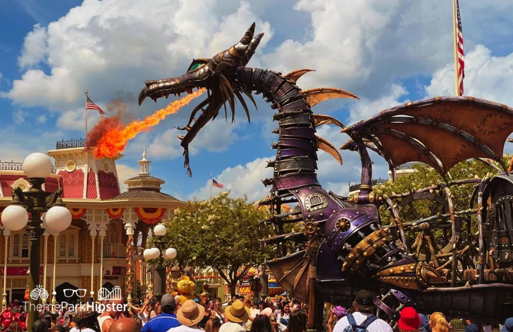 Disney Magic Kingdom Theme Park Festival of Fantasy Parade Sleepy Beauty and Maleficent Fire Breathing Dragon