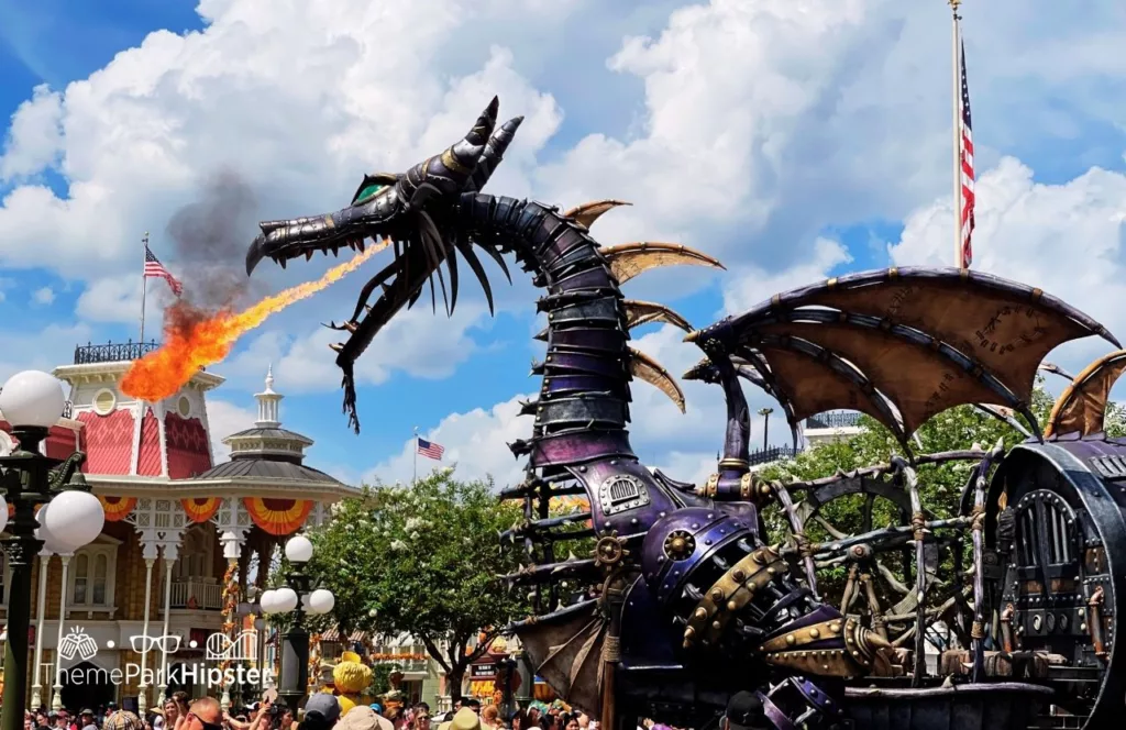 Disney Magic Kingdom Theme Park Festival of Fantasy Parade Sleepy Beauty and Maleficent Fire Breathing Dragon. One of the best shows at Disney World.