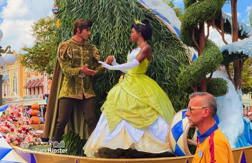 Disney Magic Kingdom Theme Park Festival of Fantasy Parade with Princess Tiana of the Princess and the Frog. One of the best Disney World date night ideas for couples.
