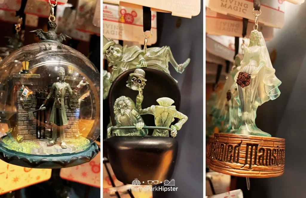Disney Memento Mori Store Haunted Mansion Merchandise Hitch Hiking Ghost Hatbox Ghost and the Bride at Magic Kingdom Theme Park Disney Christmas Ornaments.