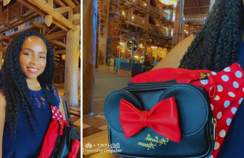 Disney Wilderness Lodge Resort Hotel with Theme Park Expert NikkyJ with her Minnie Mouse Disney Fanny Pack
