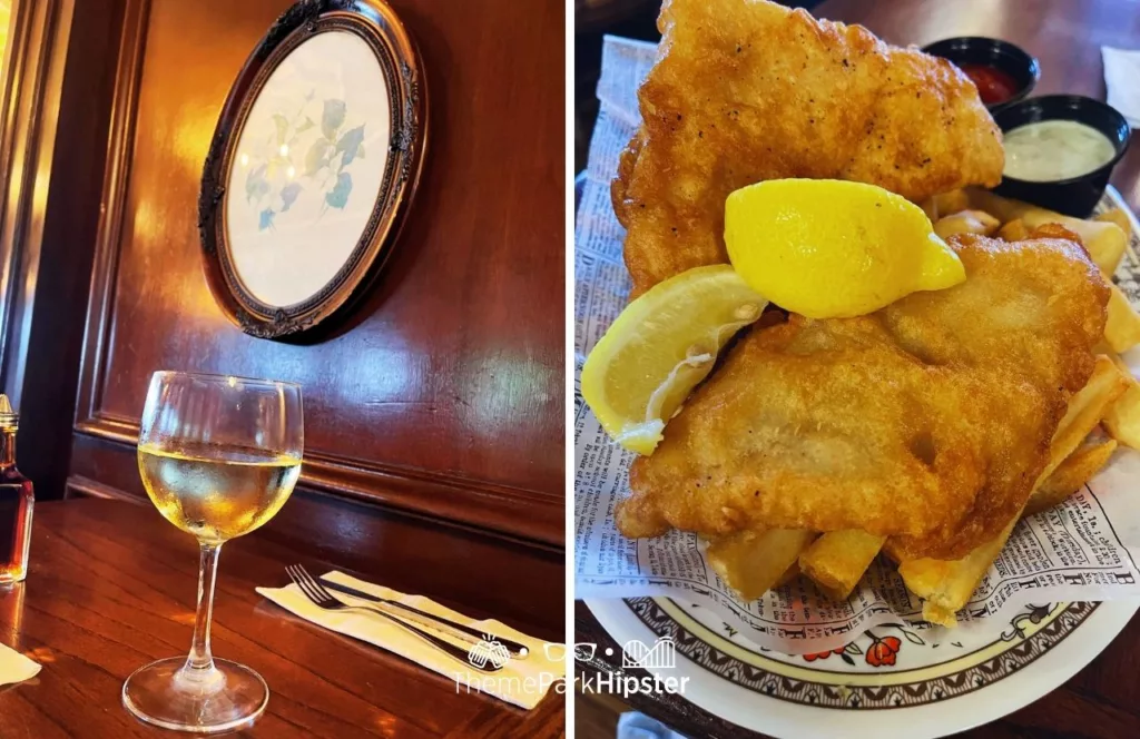 Epcot Rose and Crown Pub Restaurant in UK Pavilion Wine with Fish and Chips