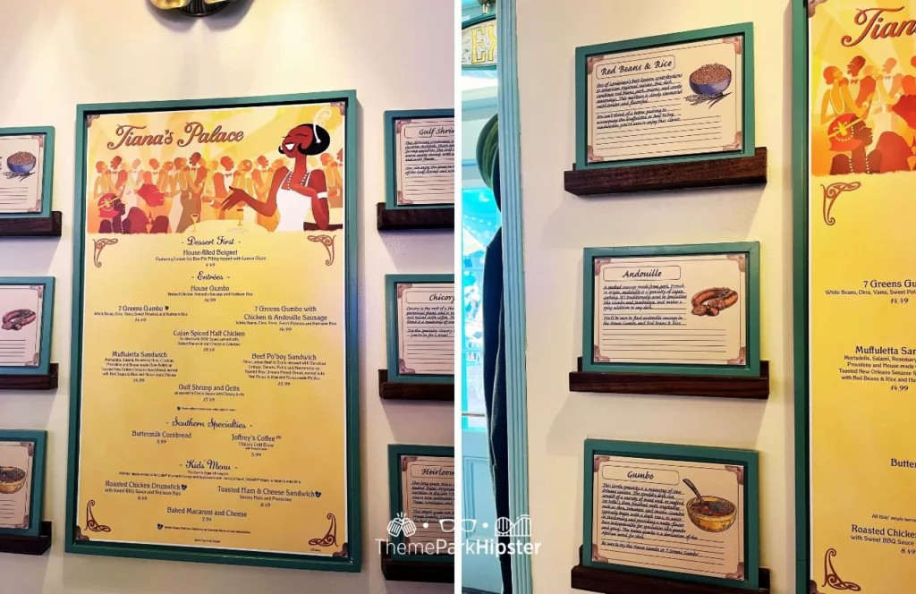 2024 Menu and six recipe cards at Princess and the Frog Tiana's Palace Restaurant Disneyland. Keep reading to learn more about Tiana’s Palace reservations.