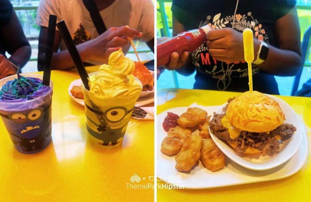 Minion's Cafe Purple and Yellow Drink with Burger and Tots