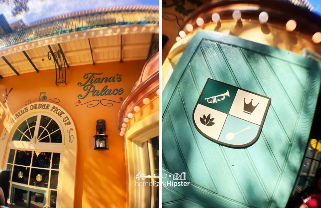 2024 Mobile order pickup at Princess and the Frog Tiana's Palace Restaurant at Disneyland and crest at the Tiana Palace restaurant with a trumpet, crown, lily pad and gumbo spoon. Keep reading to learn more about Tiana’s restaurant.
