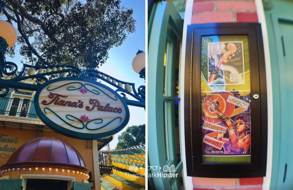2024 Princess and the Frog Tiana's Palace Restaurant at Disneyland sign with lily pads and photo collage of vintage entertainment. Keep reading to learn more about Tiana’s Palace.