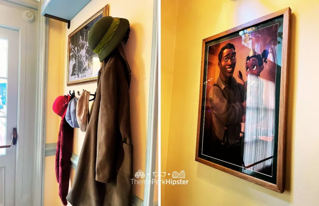 2024 Double photo of coat rack showing Tiana's coat and hat from the Princess and the Frog at Tiana's Palace Restaurant at Disneyland and a photo framed of Tiana and her father. Keep reading to find out all there is to know about Tiana’s Palace. 