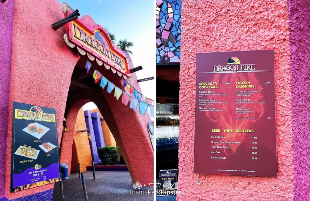Busch Gardens Tampa Bay Dragon Fire Grill Restaurant drink men and entrance with pink walls and menu out front with hanging mini flags. Keep reading discover more about Busch Gardens Tampa restaurants.