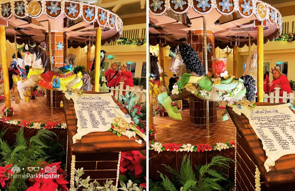 Belle and Tiana Gingerbread house carousel at Yacht and Beach Club Resort During Christmas at Disney World