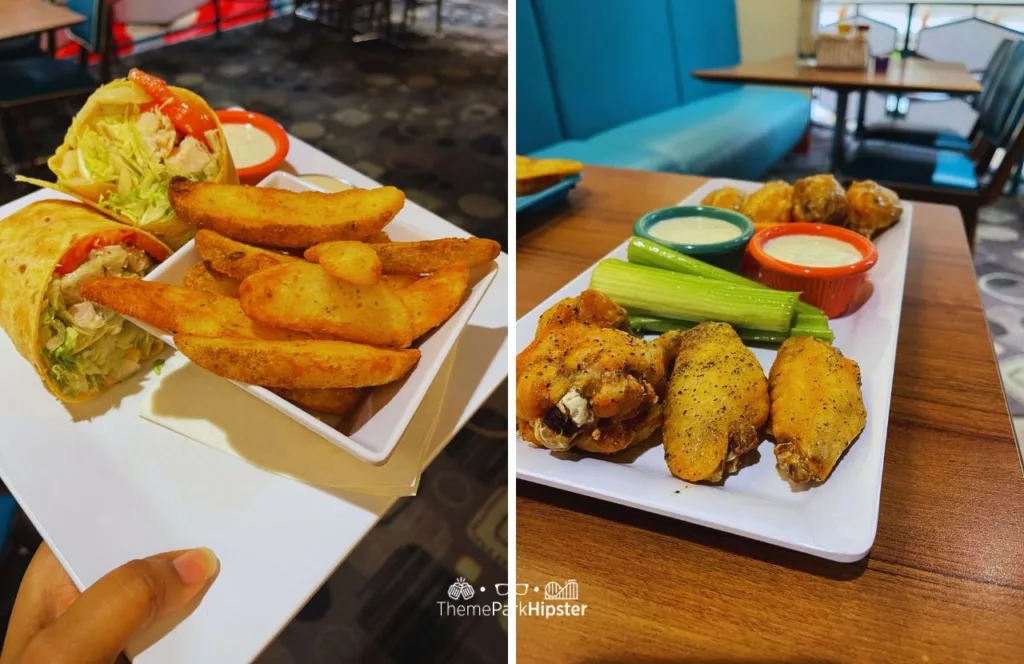 Cabana Bay Beach Resort Hotel at Universal Orlando Galaxy Bowl Restaurant chicken wrap and wings with potato wedges