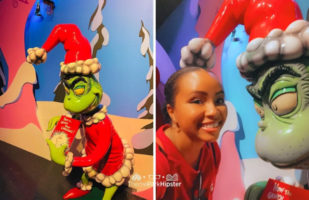 Christmas at Universal Orlando 2022 Tribute Store with the Grinch and NikkyJ wearing a red colored shirt for the holidays. Keep reading to learn more about what to pack for Universal Studios Florida.