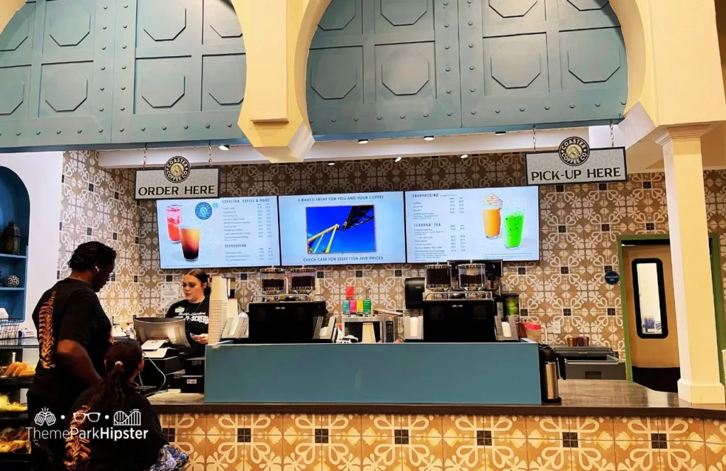 Coaster Coffee Co. menu and counter at Busch Gardens Tampa Bay. Keep reading to find out more about what to eat at Busch Gardens Tampa.