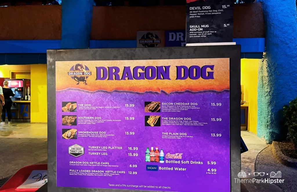 Dragon Dog Restaurant menu at Busch Gardens Tampa Bay out side the walk up pick up and order area. Keep reading to learn more about the best things to eat at Busch Gardens Tampa.