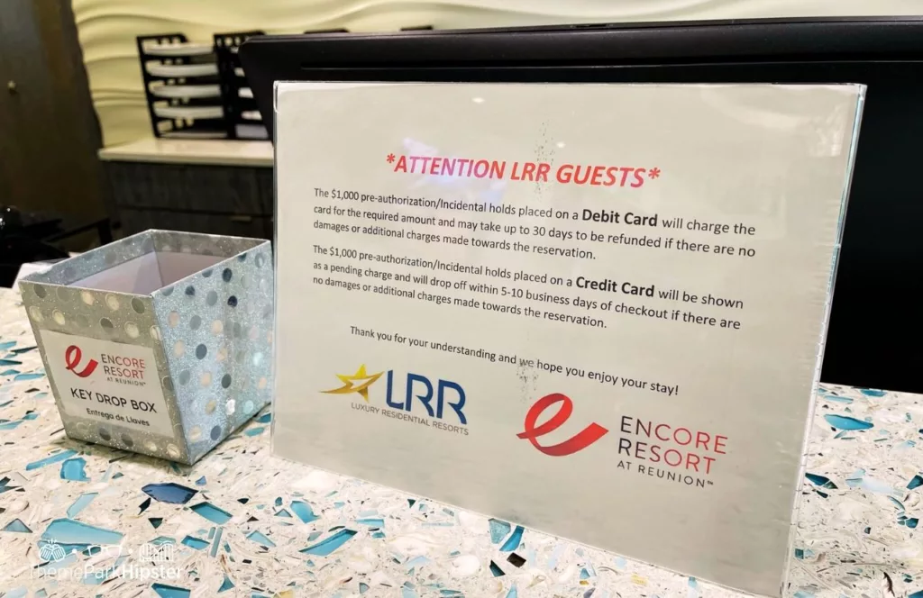 Guest debit and credit card fee information at Encore Resort and key drop box. Keep reading to learn more about Encore Resort.  