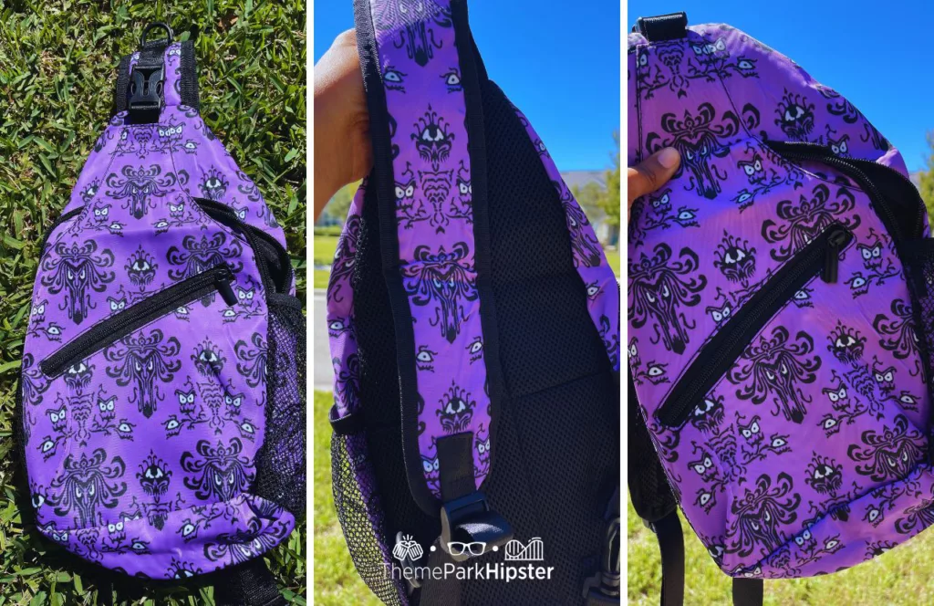 Haunted Mansion Wall Paper Sling Bag showing the diagonal crossbody style.  Keep reading to find out more about the best Disney purses.