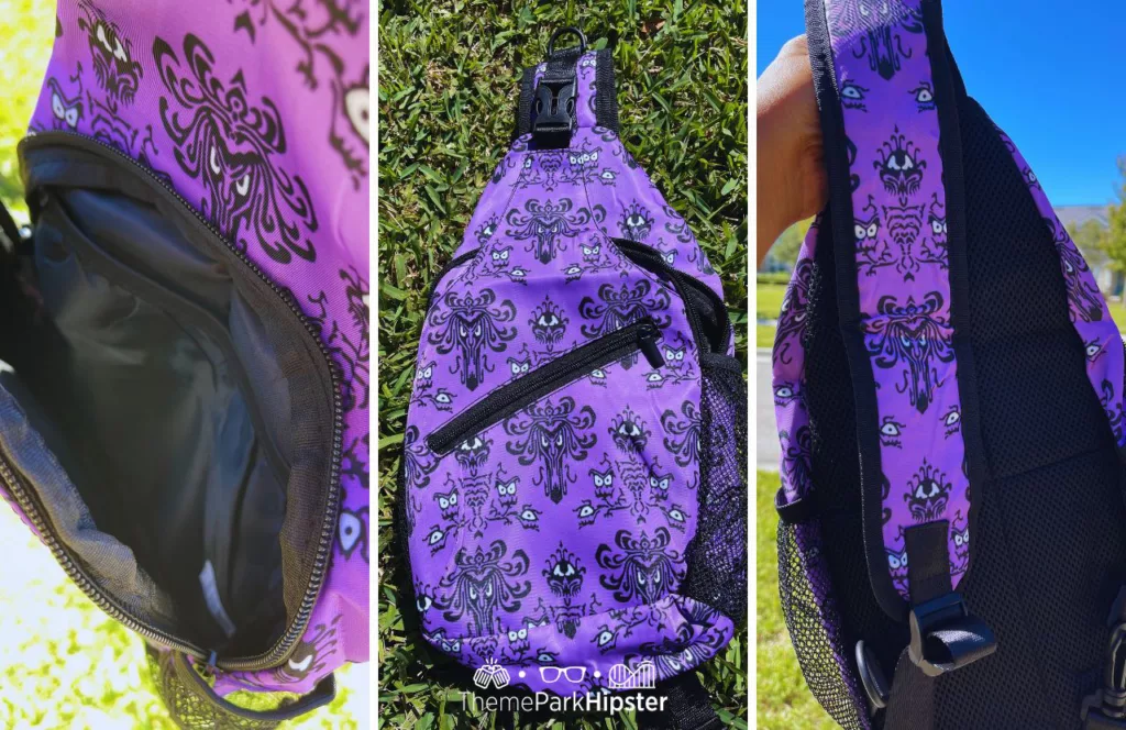 Haunted Mansion Wall Paper Sling Bag. One of the best purses for Disney World  showing the multiple pockets and compartments. Keep reading to learn how to choose the best purse for Disney.