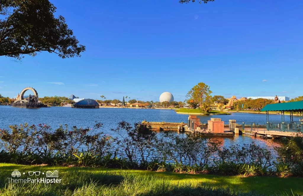 World Showcase Lagoon with Spaceship Earth at the  Disney Epcot Pavilions.