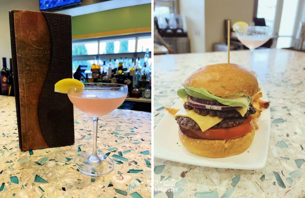 Martini with burger and fries at Encore Resort at Reunion. Keep reading find out all you need to know about Encore Resort.