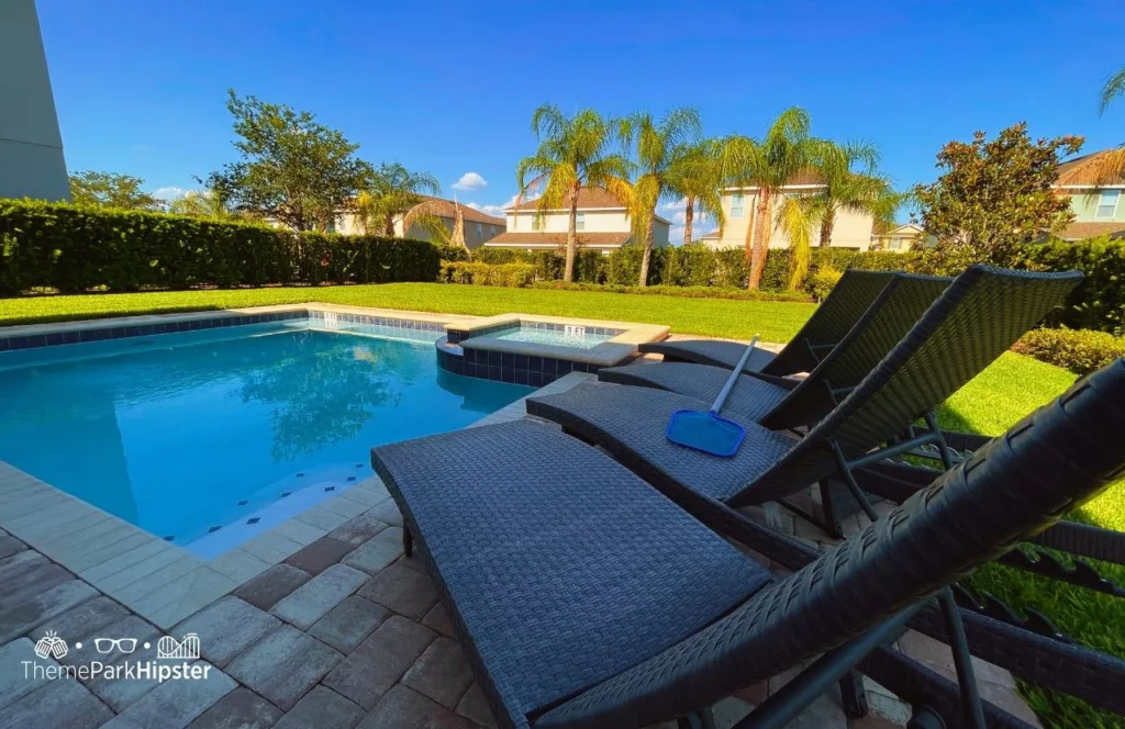 Pool area in 5 Bedroom villa at Encore vacation home rental near Universal Studios Florida. This is one of my favorite ways to do Universal Orlando on a budget.