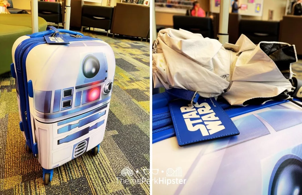 R2D2 Star Wars Suitcase at airport. One of the Solo Travel Essentials You MUST HAVE to Stay Safe at Walt Disney World