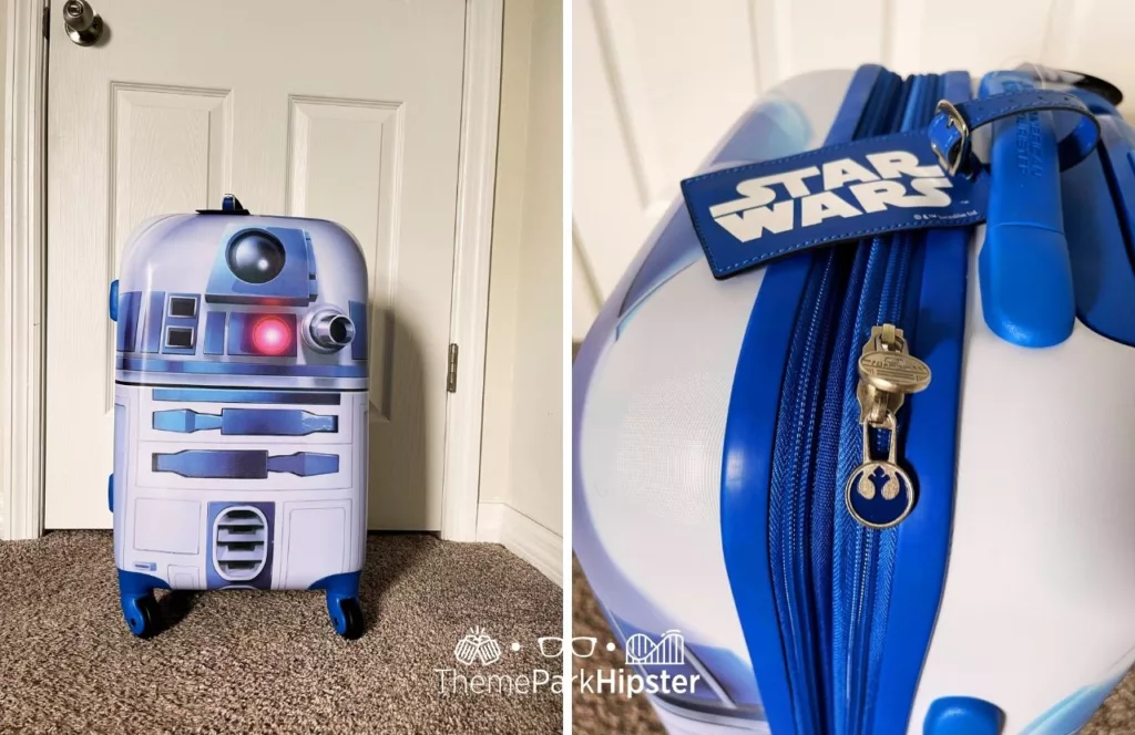 Blue and white R2D2 Star Wars suitcase set against the door and expandable compartments on the R2D2 Star Wars suitcase with a Star Wars label. Keep reading if you want to know more about the best Disney World luggage.