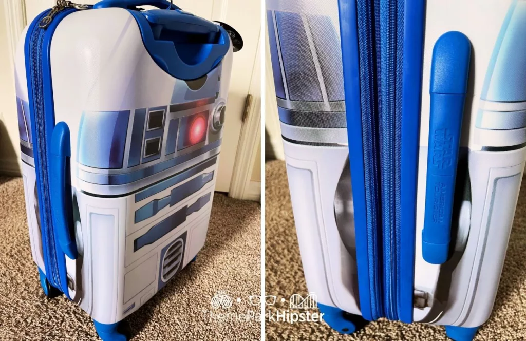 Side view of R2D2 Star Wars Suitcase. Keep reading to find out more about how to choose luggage for Disney World.