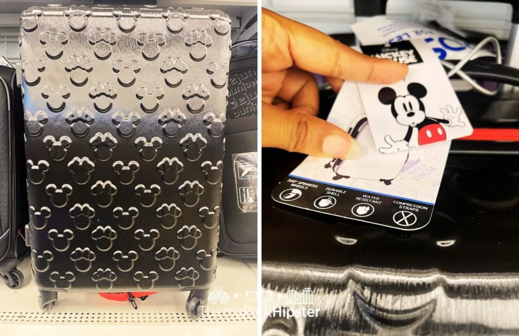 Silver Disney Mickey Mouse and Minnie Mouse Suitcase with Mickey Mouse label. Keep reading to find out more about the best Disney World luggage.