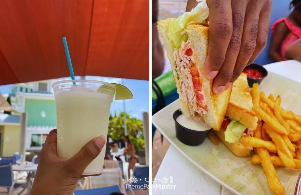 Waterpark and dining area  at Encore Resort where NikkyJ is enjoying a  frozen Margarita, sandwich and fries. Keep reading find out all you need to know about Encore Resort in Orlando. 