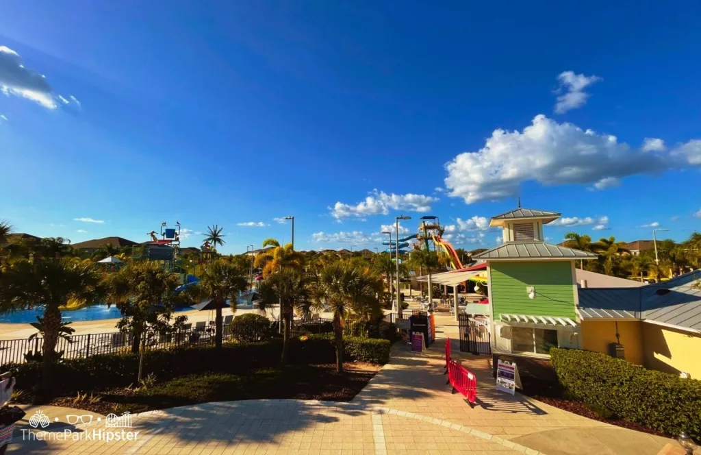 Panoramic view of Waterpark and restaurant. Keep reading to discover more about Encore Resort at Reunion. 