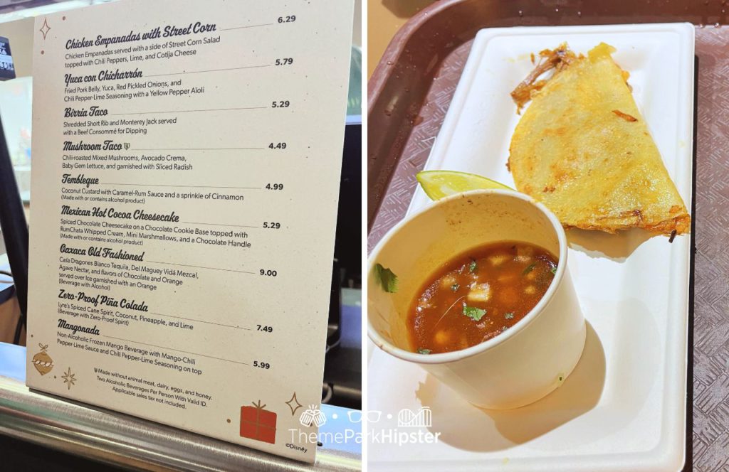 ABC Commissary Food Menu and Taco Birria. Hollywood Studios Jollywood Nights Christmas Celebration at Disney World