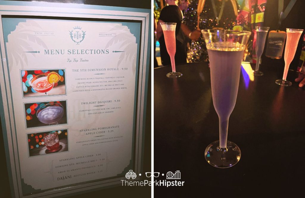 Twilight Soirée at the Tip Top Club Menu with The 5th Dimension Royale and Twilight Daiquiri. Hollywood Studios Jollywood Nights Christmas Celebration at Disney World
